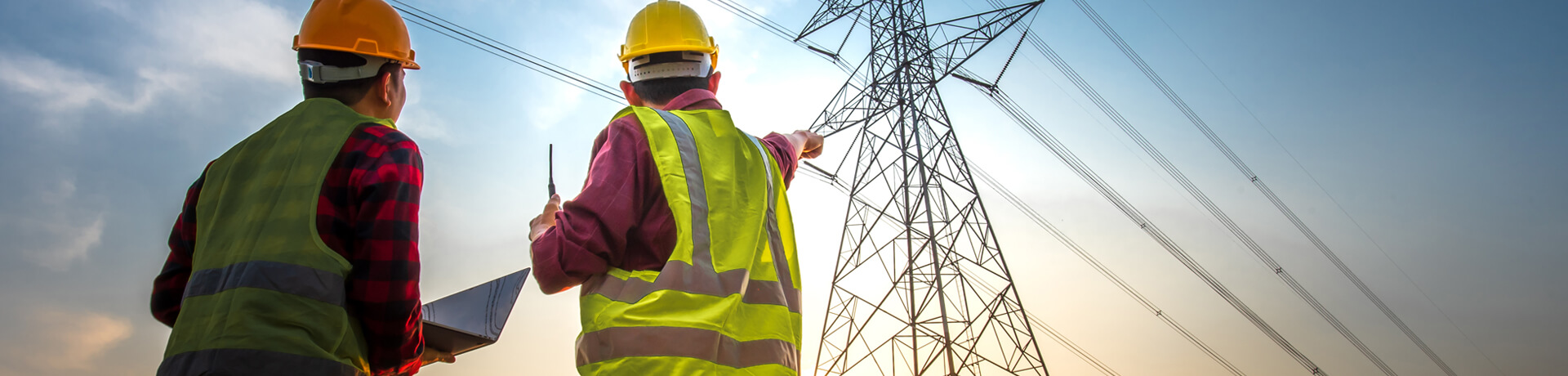 Two engineers in safety vests and helmets inspecting power lines.